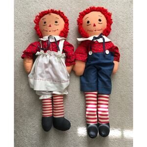 Vintage Handmade Raggedy Ann & Raggedy Andy Dolls Soft 25”